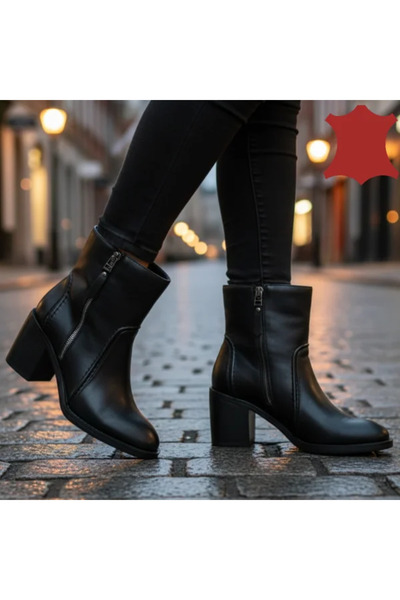 kevali Elegant black leather ankle boots with chunky heel SPN-5001