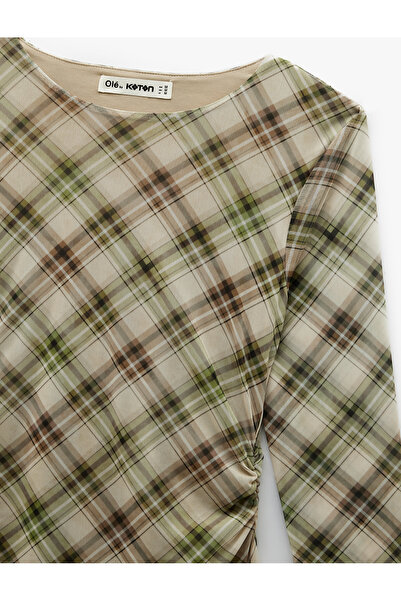 Koton Long Sleeve Crew Neck Drape Detail Mini Plaid Dress