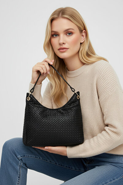 Biçanta Black Color Knitted Leather Zippered Shoulder Bag with Strap and Compartment Large Size Soft Women's Shoulder Bag
