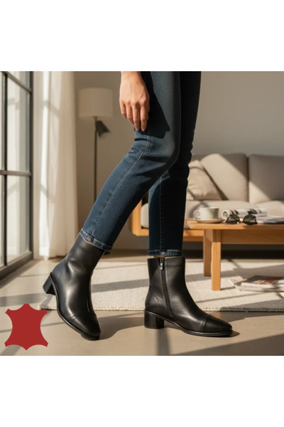 kevali Women's Short Black Leather Boots with Chunky Heel SN5016