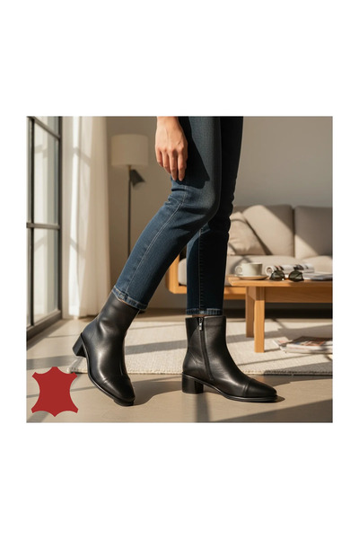 kevali Women's Short Black Leather Boots with Chunky Heel SN5016