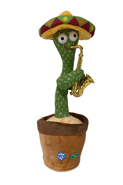 THK Jucărie interactivă, Cactus cu pălărie și trompetă, Dans, Bluetooth, 120 de melodii, USB, 32 cm, Galben
