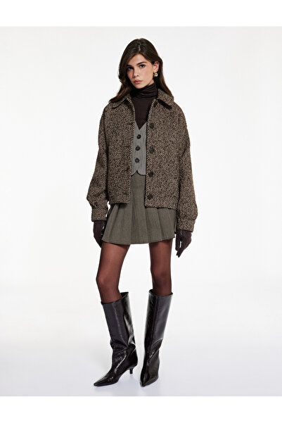 Koton X Melis Ağazat - Short Coat Long Sleeve Pocketed Buttoned Patterned