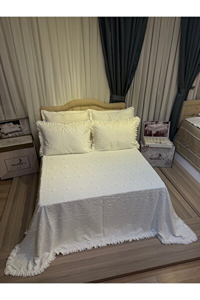 Madamca Athena Ruffle Detailed Ecru (Cream) Bedspread Pique Set 2.50*2.60
