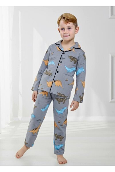 Yağmur Giyim Pjkö Dinosaur Patterned Long Sleeve Buttoned Front Boys Pajama Set 4-12 Years 512U