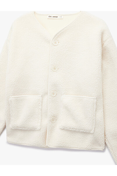 Koton Long Sleeve Buttoned Pocket Detailed Crew Neck Plush Jacket