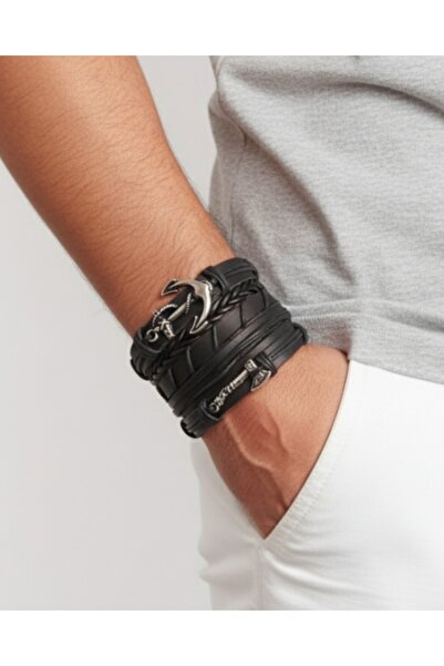 E&F Takı DENİZCİ PREMİUM ÇAPA VE BALTA TASARIM 5'Lİ GERÇEK DERİ BİLEKLİKLER E...