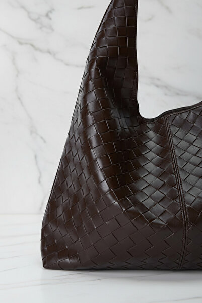 Biçanta Brown Knitted Leather Zippered Shoulder Bag with Strap and Compartment Large Size Soft Women's Shoulder Bag