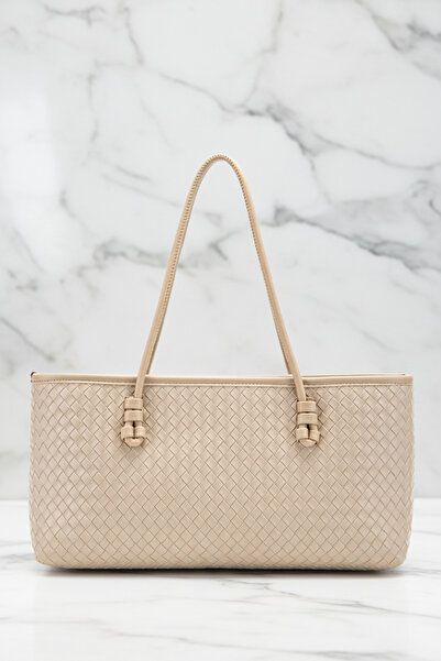 Biçanta Light Mink Color Knitted Leather Zippered Compartment Large Size Soft Women's Shoulder Bag