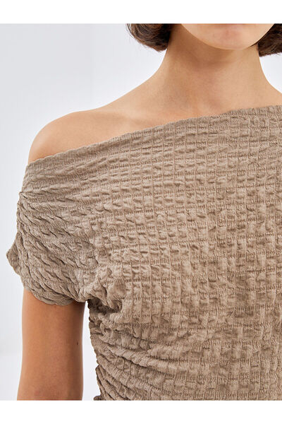 LC Waikiki Brown Boat Neck Textured Women's Blouse