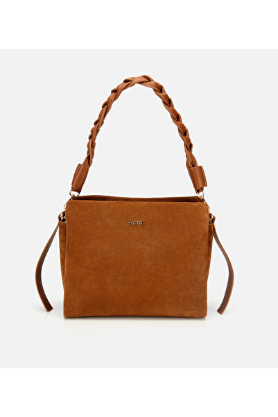 Hotiç Kadın Süet Deri Taba Örgü Askı Detaylı Omuz Çantası