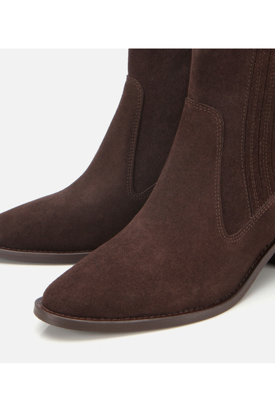 Hotiç Kadın Süet Deri Kahverengi Sivri Burunlu Lastik Detaylı Topuklu Bot