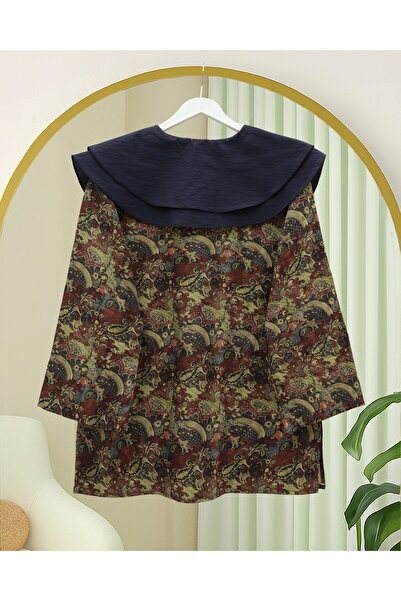 Modamorfo Apron Collar Half Buttoned Slit Quilted Tunic -Khaki