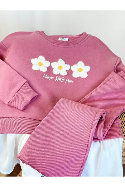 Pinkitokids Shirt Detailed Floral Embroidered Sweatshirt and Flared Sets