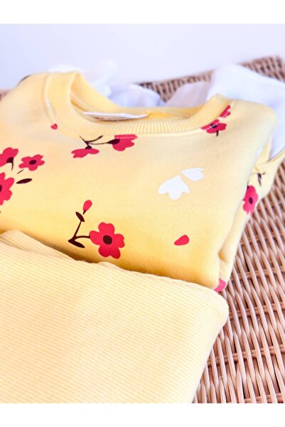 Pinkitokids Butteryellow Flowers Shirt Detailed Sweatshirt and Leggings Set