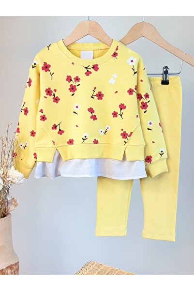 Pinkitokids Butteryellow Flowers Shirt Detailed Sweatshirt and Leggings Set