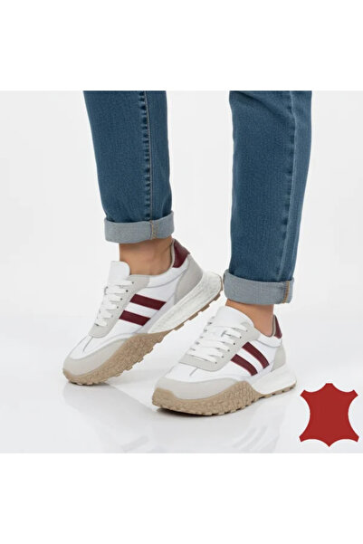 kevali Women's white leather sneakers with burgundy accents, laces - SPJY6590