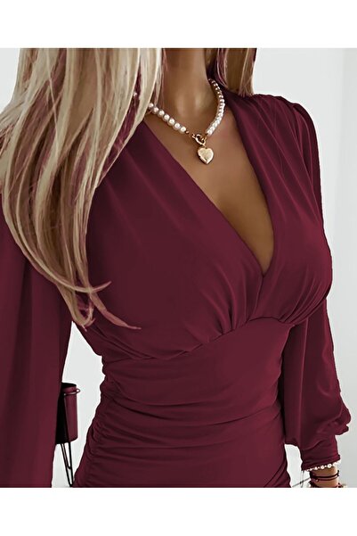 babatr.com Women's Long Sleeve Deep V Neck Front Gathered Sandy Blouse