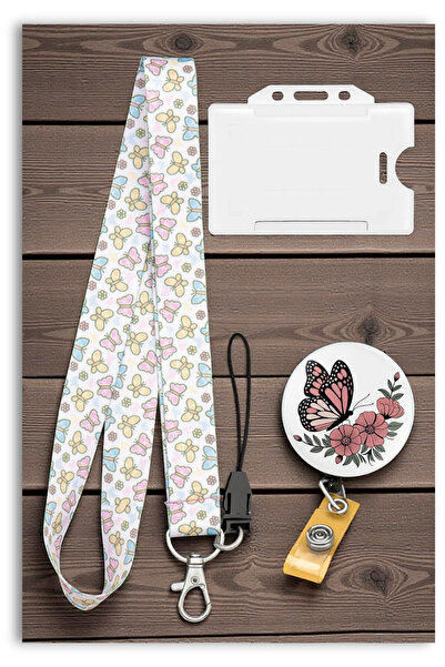 Mia Aurora Pembe Kelebek 3 lü Set Yoyo Yatay Kartlık Boyun Askı İpi