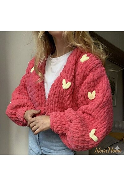 Nova Pinterest El Örgü Papatya Detaylı Puffy Kadın Çiçekli Hırka Ceket