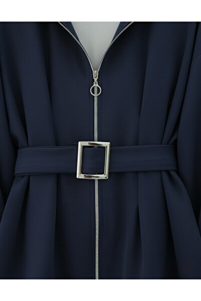 Modamorfo Combed Cotton Suit with Folded Waist, Front Zipper and Belted Skirt - Navy