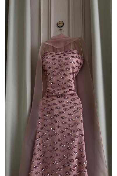 RUANI BIUTI Pink tulle evening dress with hand-embroidered sequins