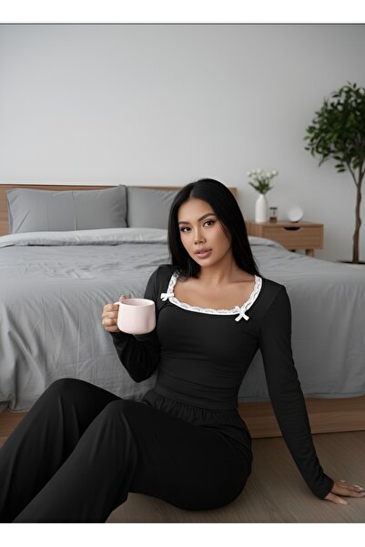 Blizard Women's Black Lace Bow Detailed Long Cotton Viscose Pajama Set