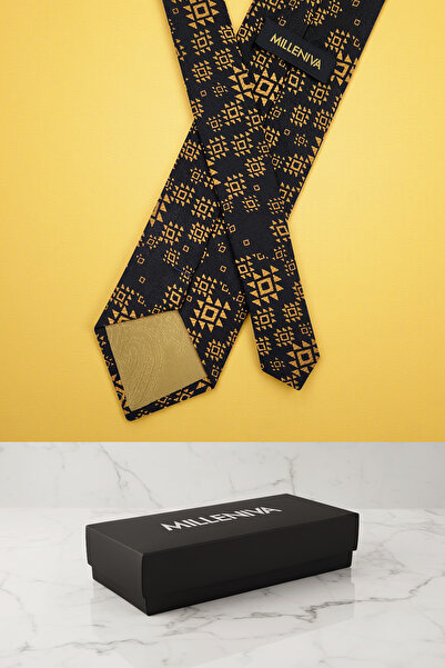 Milleniva Motif Desen Gold Tie & Handkerchief