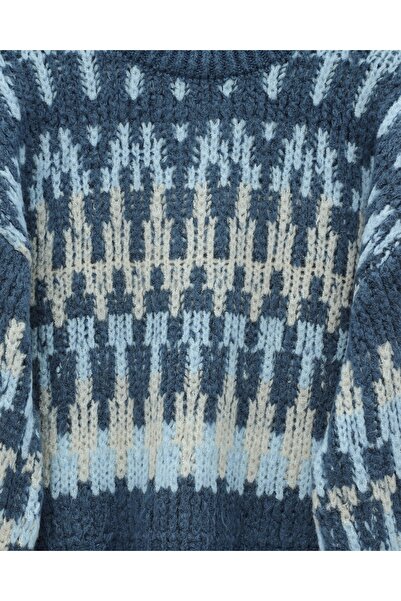 Modamorfo Mixed Pattern Round Neck Knitted Sweater -Indigo