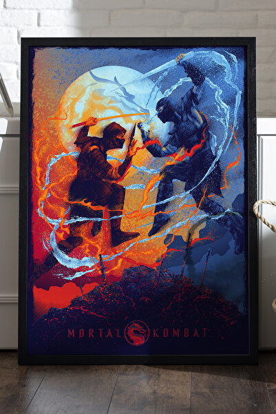Duvarda Mortal Kombat Siyah Ahşap Çerçeveli Poster, Dekoratif Oyun Duvar Tablosu