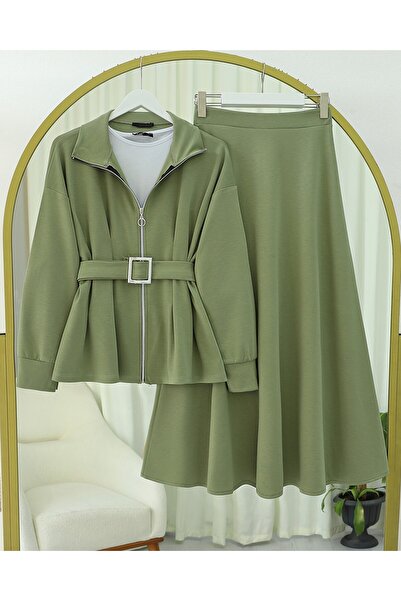 Modamorfo Combed Cotton Suit with Folded Waist, Front Zipper, and Belted Skirt - Çağla Y.
