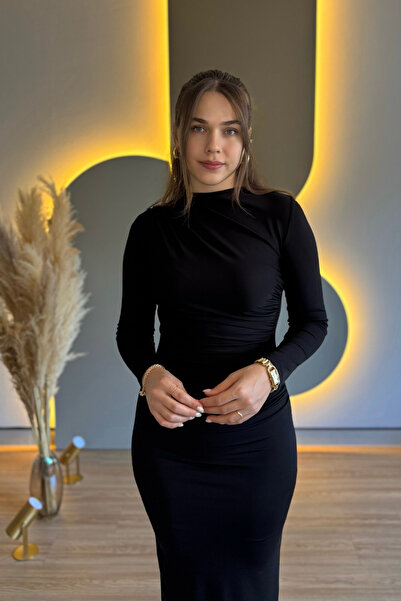 Aventien Draped Slit Long Sleeve Black Dress