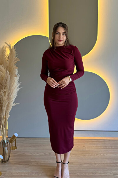 Aventien ντραπέ άνοιγμα Μακρυμάνικο φόρεμα μπορντό