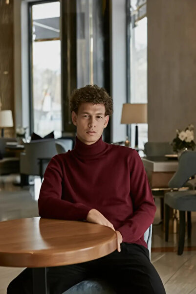 STYLENEST Men's Soft Textured Non-Pilling Burgundy Full Turtleneck Knit Sweater