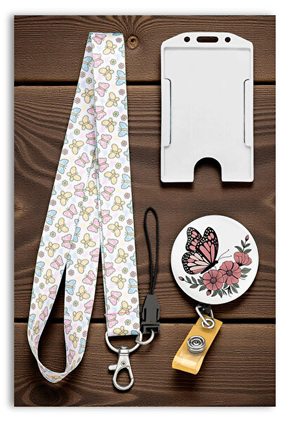 Mia Aurora Pembe Kelebek 3 lü Set Yoyo Dikey Kartlık Boyun Askı İpi