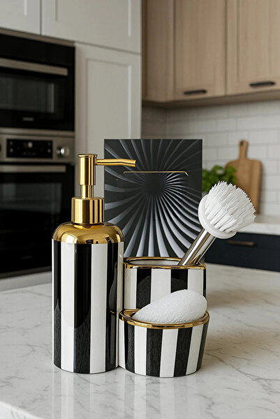 Paşabahçe Şık Çizgili Tasarım Gold Kaplama Mutfak Sabunluk Seti - Sabun Dispenseri + Fırça +Süngerlik