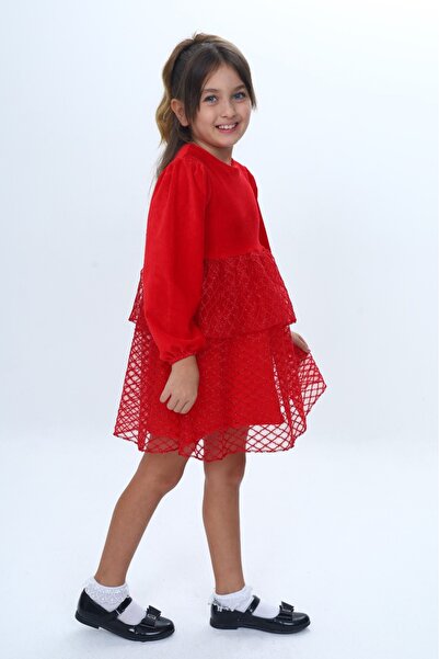 Toontoy Girls' Velvet Layered Ruffle Detailed Dress