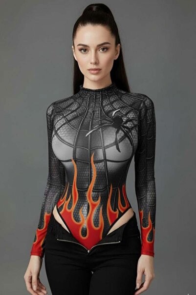 ARS Butik Spider Flame Printed Cosplay Long Sleeve Snap Closure Bodysuit