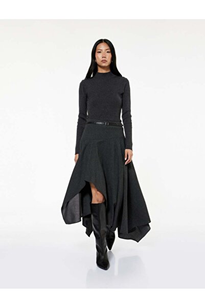 Koton Μίντι φούστα με ασύμμετρη άκρη, λεπτομέρεια με ζώνη και βολάν από μαλλί