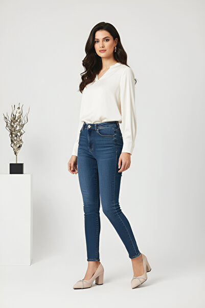 Modaarmada Beige Thick-Heeled Stone Knitted Classic Women's High-Heeled Shoes 0877