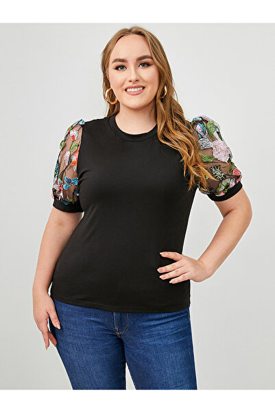 FridayIn Casual Round neck Solid color Color contrast Net yarn Puff sleeve Plus Size Tops