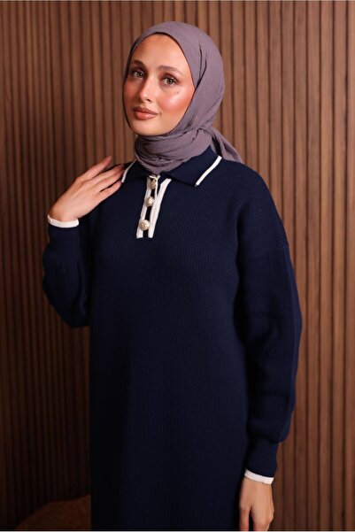 TRENDTESETTÜR Women's Dark Blue Shirt Collar Knitwear Dress t 7407