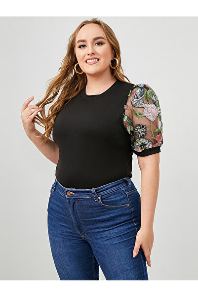 FridayIn Casual Round neck Solid color Color contrast Net yarn Puff sleeve Plus Size Tops