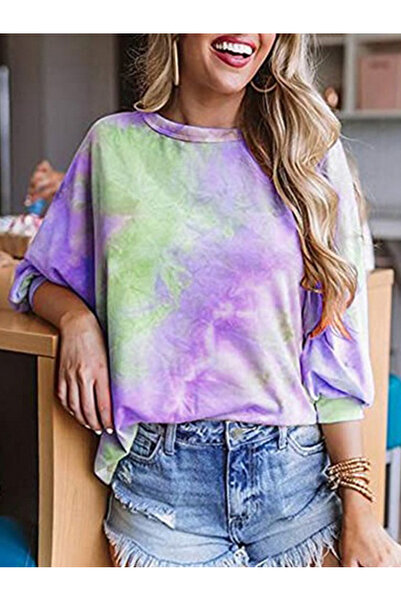 FridayIn Casual Sweet Round neck Tie-dye Regular sleeve Thin Tops
