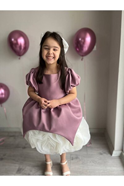 Sare Çocuk Giyim Purple Matte Satin Skirt with White Rose Motif Special Design Girl's Evening Dress Birthday Dress + Buckle