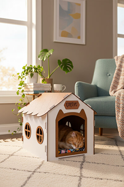 GOBYPET Ahşap Özel İsim Baskılı Dekoratif Kedi Evi-Kulübesi, Kediler İçin Kul...