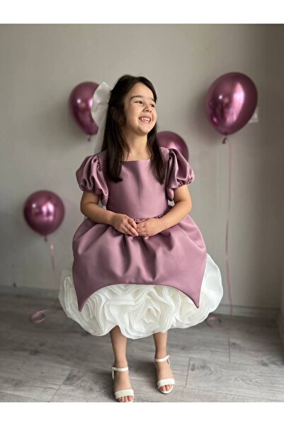 Sare Çocuk Giyim Purple Matte Satin Skirt with White Rose Motif Special Design Girl's Evening Dress Birthday Dress + Buckle