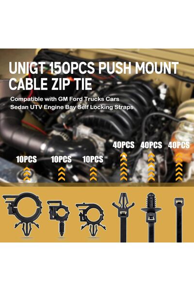 genernic Push-fit car cable ties with wire routing rings, universal fit, 150 pieces