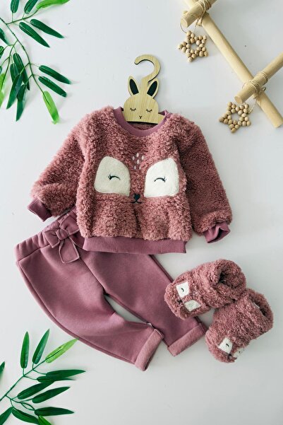 Minigimin Cicileri My Little One's Plushies Plush Cute Panduflu Girl's 3-Piece Set - Dusty Rose