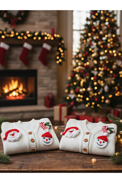 LunivellArt Christmas-Themed Santa Claus and Snowman Detailed White Baby Cardigan